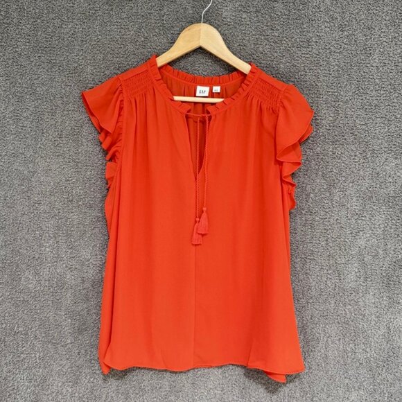 GAP Ruffle Sleeve Smock Shoulder split-neck orange pop blouse XL - Picture 3 of 8